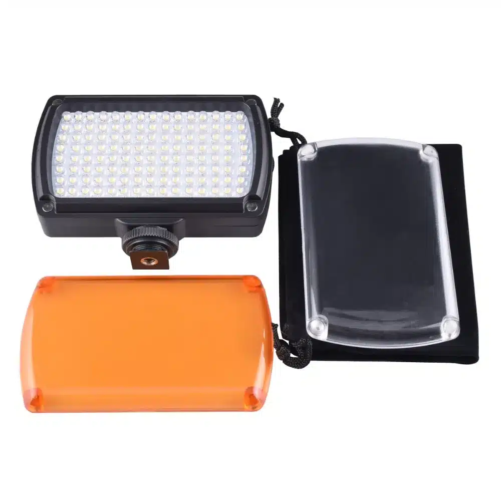 must LED välklamp koos valge ja oranži filtriga