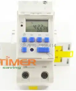 valge elektrooniline taimer siniste nuppudega ja LCD ekraaniga