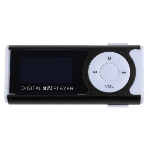 must ja valge kompaktne mp3-mängija lcd ekraaniga ja juhtnuppudega