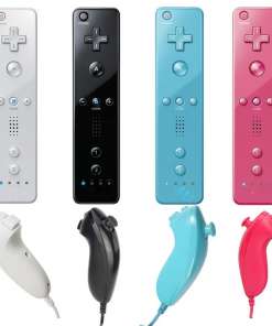 neli erinevat värvi mängupulti ja nunchuk lisaseadmed