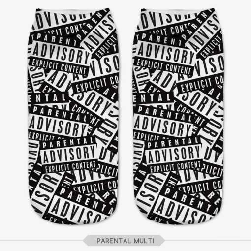 mustvalged sokid, millel on kirjad 'parental advisory' ja 'explicit content'