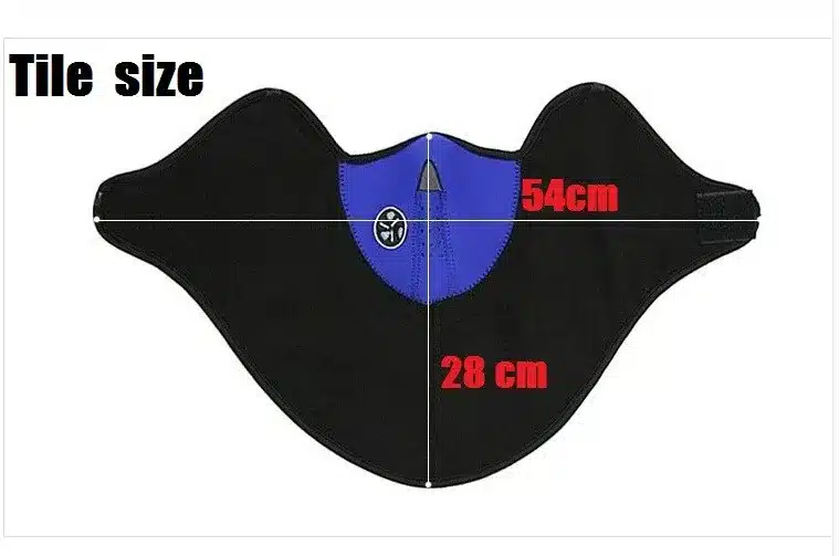 must ja sinine sall-mask sportimiseks, millel on mõõdud 54 cm ja 28 cm