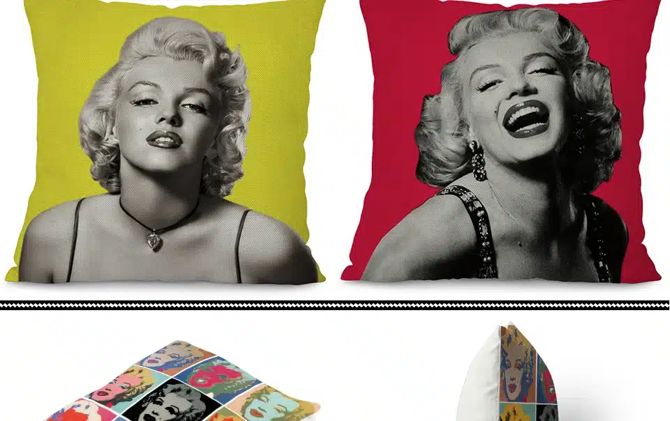 kaks dekoratiivpatja marilyn monroe pildiga, üks kollasel ja teine punasel taustal
