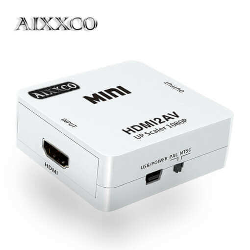 valge HDMI-AV konverter, millel on sisend- ja väljundport