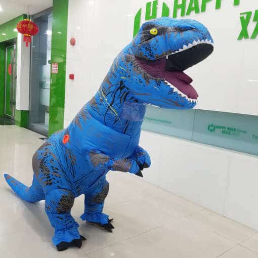 sinine täispuhutav T-Rex kostüüm siseruumides