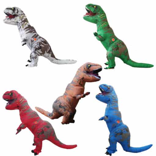 erivärvilised täiskasvanute T-Rex maskotid, sealhulgas punane, roheline, sinine ja pruun