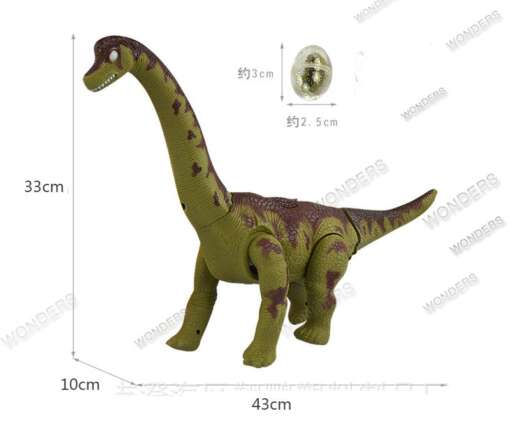 roheline ja pruun elektriline dinosaurus, millel on pikk kael ja mõõdud 43x33x10 cm