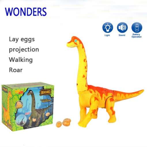 kollane ja oranž elektriline dinosaurus, mis muneb ja liigub