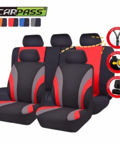 mustad ja punased istmekatted sõiduauto ees- ja tagaistmetele