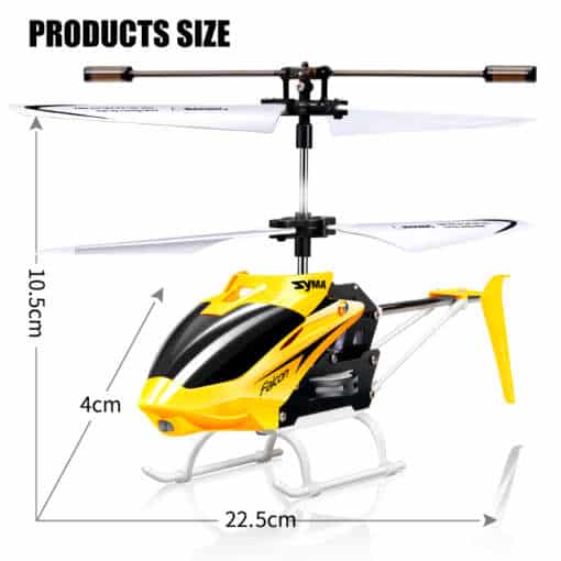 kollane mänguhelikopter kahe rootoriga ja mõõtmetega