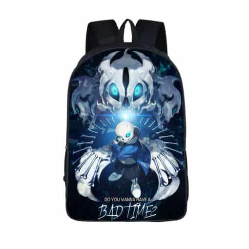 must seljakott anime stiilis pildiga, millel on siniste silmadega tegelane ja kolju
