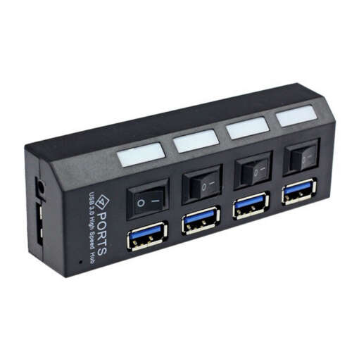 must nelja USB pordiga jagaja lülititega