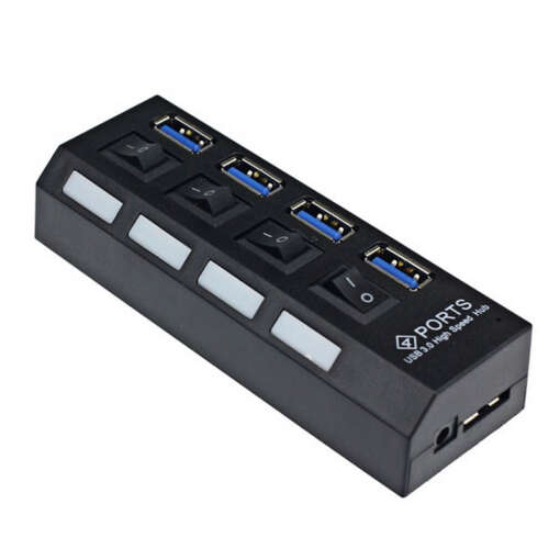 must nelja USB pordiga jagaja, millel on individuaalsed lülitid iga pordi jaoks