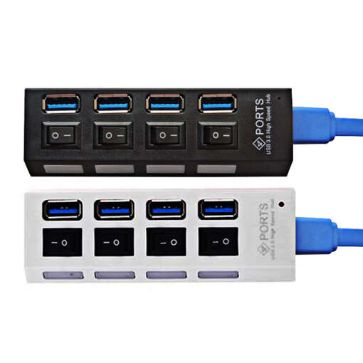 must ja valge nelja USB pordiga jagaja siniste kaablitega