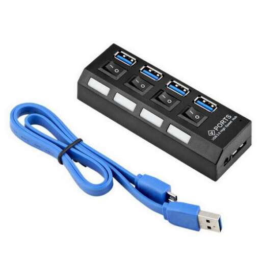must nelja USB pordiga jagaja koos sinise kaabliga