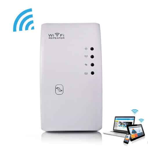 valge wifi ulatuse suurendaja, millel on neli nuppu ja wifi signaali ikoon