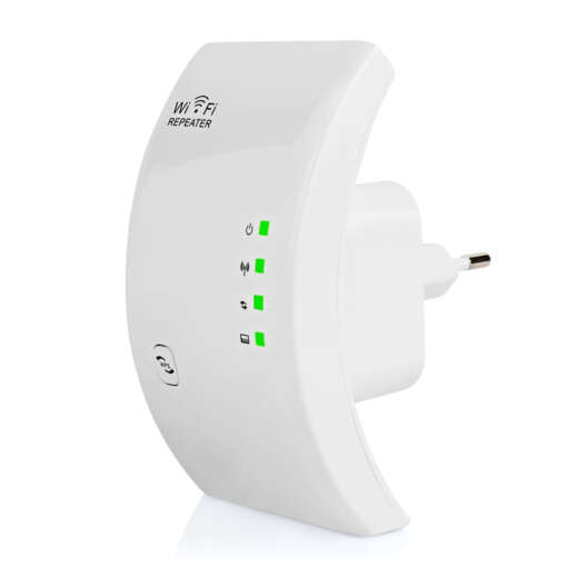 valge wifi ulatuse suurendaja pistikuga, millel on kolm LED-indikaatorit