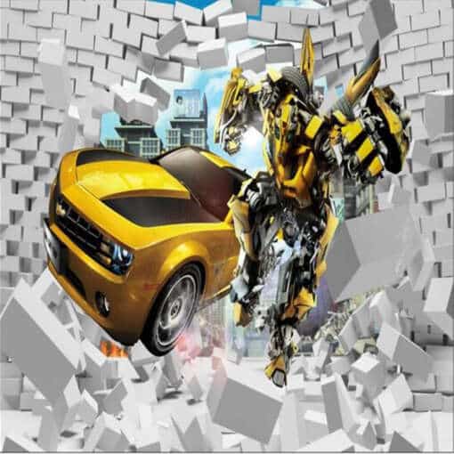kollane auto ja robot murdmas läbi tellisseina