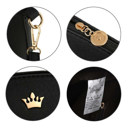 must crossbody kott kuldsete detailidega, sealhulgas tõmblukk ja krooni kujuline ornament