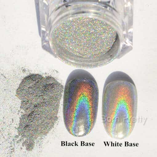 hologramm-efektiga küünte pigment-pulber mustal ja valgel alusel