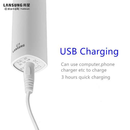 valge elektriline hambahari, millel on USB laadimiskaabel ühendatud