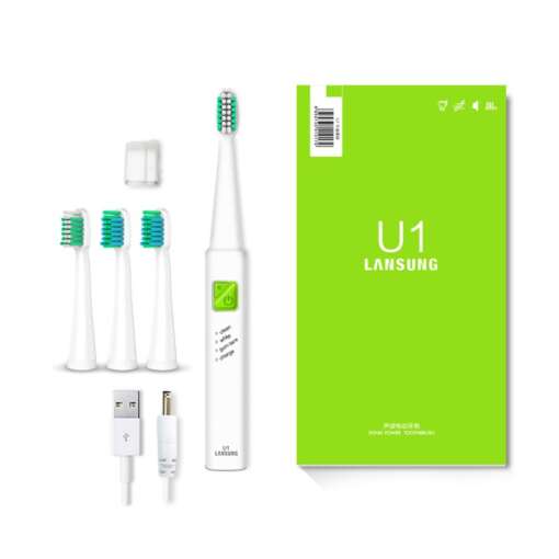 valge elektriline hambahari koos nelja vahetatava harjapeaga ja USB laadimiskaabliga
