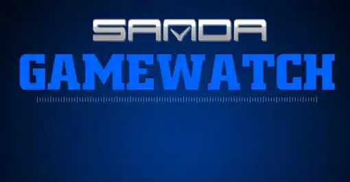 sinisel taustal kiri 'samda gamewatch'