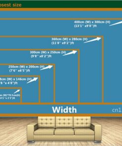 erinevate suurustega fototapeetide mõõtude diagramm diivani kohal