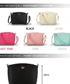 viis erinevat värvi crossbody kotti, must, beež, roosa, kuum roosa ja roheline, kuldsete detailidega