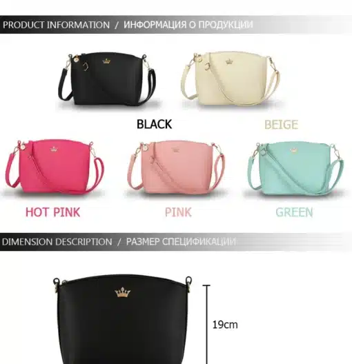 viis erinevat värvi crossbody kotti, must, beež, roosa, kuum roosa ja roheline, kuldsete detailidega