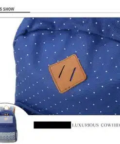 sinine seljakott valgete täppidega ja pruun nahast detail