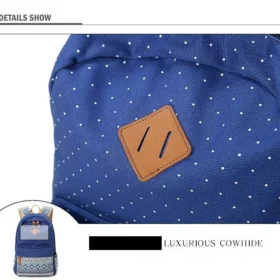 sinine seljakott valgete täppidega ja pruun nahast detail