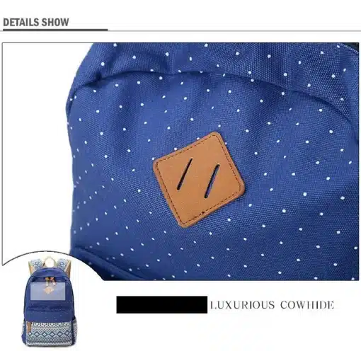 sinine seljakott valgete täppidega ja pruun nahast detail