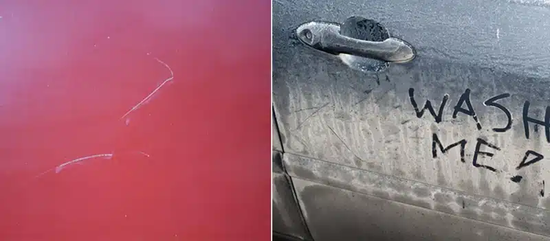 punasel autol kriimud ja hallil autol mustus kirjaga 'wash me'