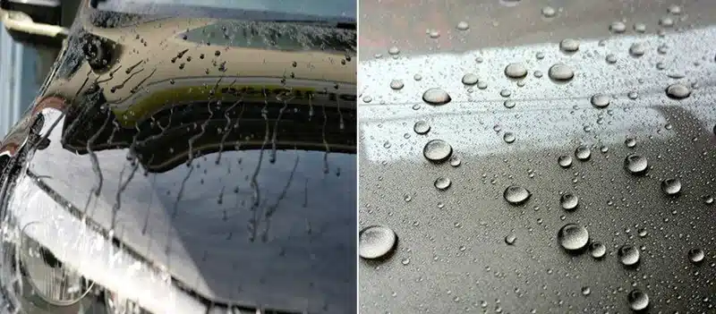 auto kapott, millel on veepiisad ja läikiv pind
