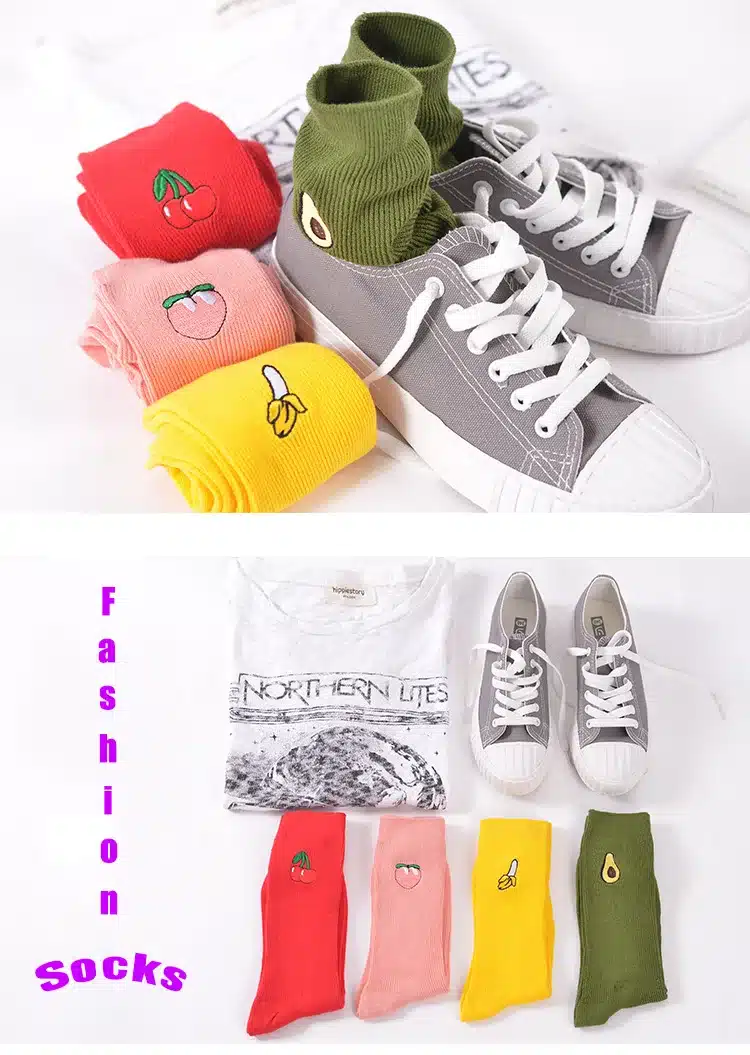 New Korean Pile Heap Socks Retro Embroidery Long Section Of Cotton Socks Cute Comfortable Fruit Banana Cherry Pear Pattern Socks 11