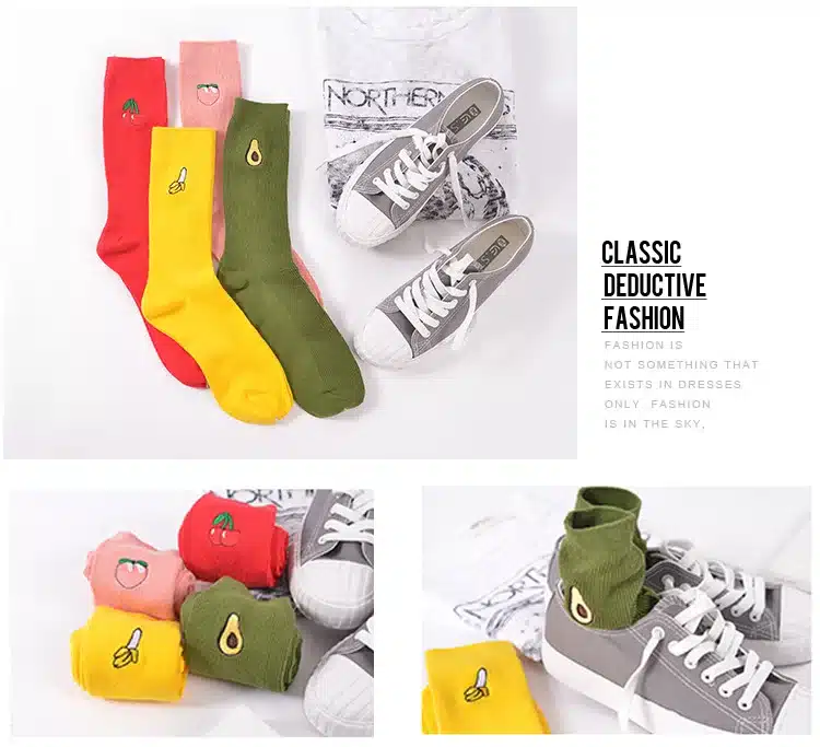 New Korean Pile Heap Socks Retro Embroidery Long Section Of Cotton Socks Cute Comfortable Fruit Banana Cherry Pear Pattern Socks 12