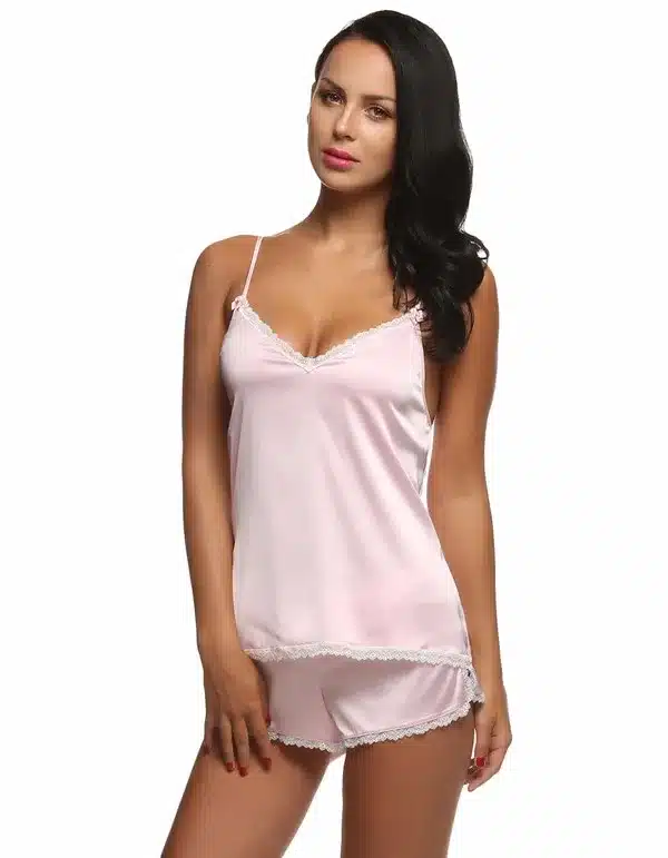 Ekouaer Women Clothes for Summer Shorts Sets V-Neck Sleepwear Satin Pajama women's Pajamas Spaghetti Strap Lace Sexy Pajama Set 13