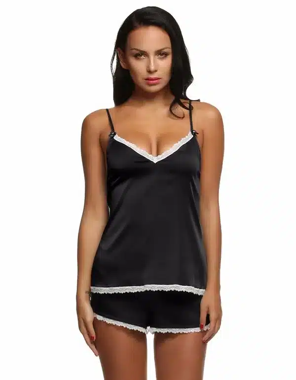 Ekouaer Women Clothes for Summer Shorts Sets V-Neck Sleepwear Satin Pajama women's Pajamas Spaghetti Strap Lace Sexy Pajama Set 14