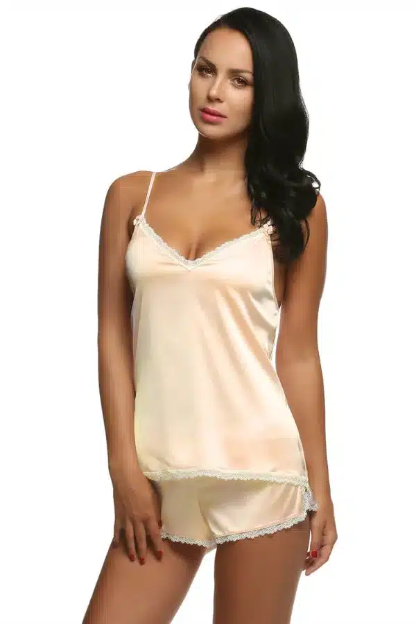 Ekouaer Women Clothes for Summer Shorts Sets V-Neck Sleepwear Satin Pajama women's Pajamas Spaghetti Strap Lace Sexy Pajama Set 18