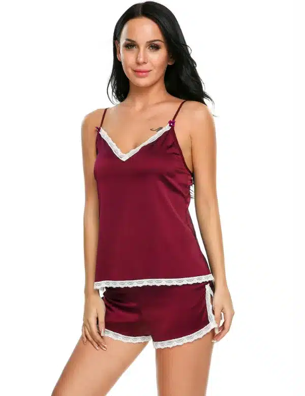 Ekouaer Women Clothes for Summer Shorts Sets V-Neck Sleepwear Satin Pajama women's Pajamas Spaghetti Strap Lace Sexy Pajama Set 43