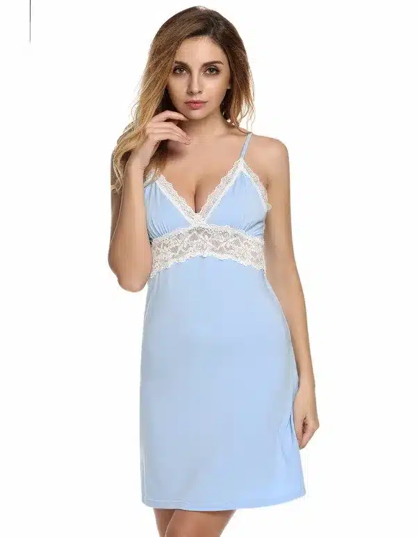 Ekouaer Brand Spring Autumn Nightgown Women Sexy Spaghetti Strap Lace Patchwork Lingerie Dress Sleepwear Sleepshirts Size S-XL 15