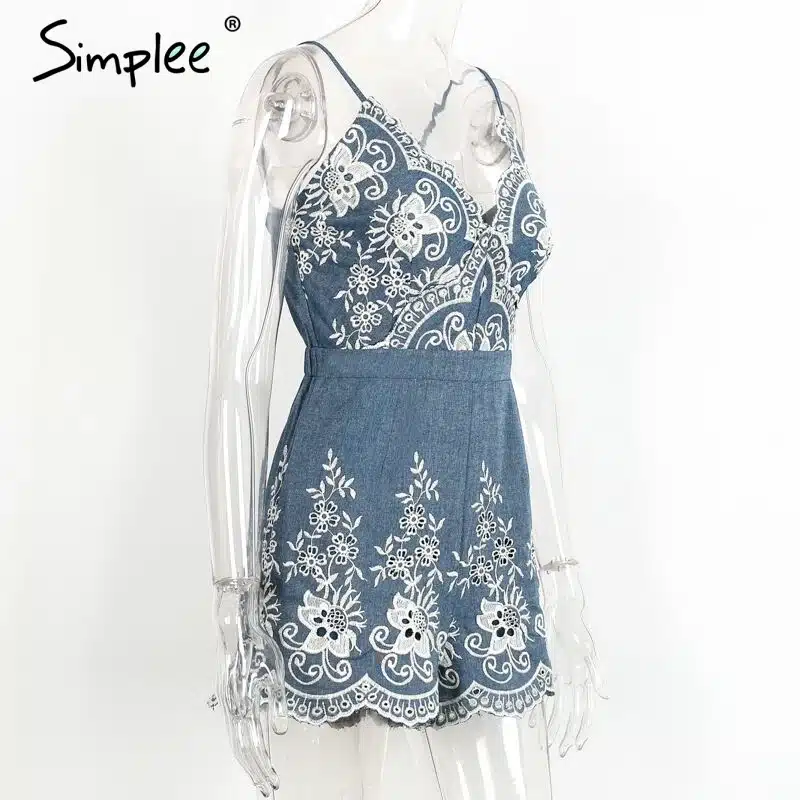 Simplee Embroidery v neck summer jumpsuit romper Strap elegant jumpsuit women floral playsuit 2017 sexy zipper short overalls 21