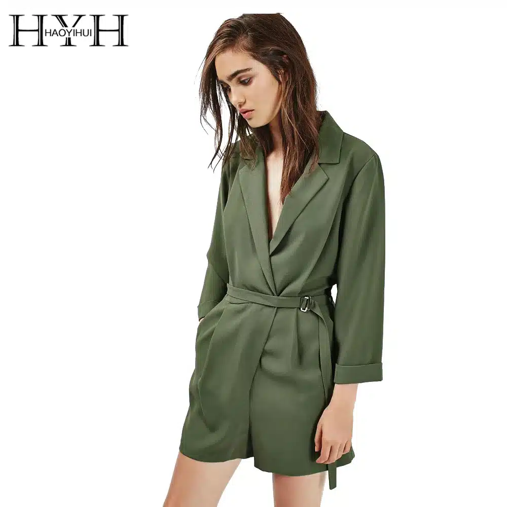 HYH HAOYIHUI Women Romper Solid Green Long Sleeve Deep V Neck Playsuit Drawstring Elegant Streetwear Sexy Casual Jumpsuit 13