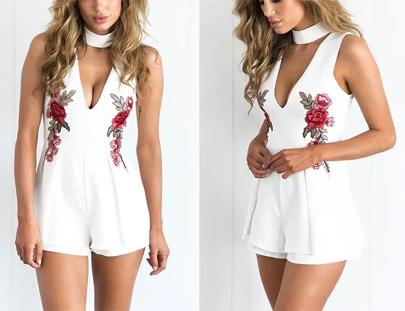 2016 Autumn Elegant V Neck Rose Florla Embroidery Women Playsuits Sleeveless White Winter Rompers Jumpsuits Casual Beach Overall 12