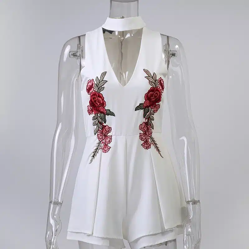 2016 Autumn Elegant V Neck Rose Florla Embroidery Women Playsuits Sleeveless White Winter Rompers Jumpsuits Casual Beach Overall 15