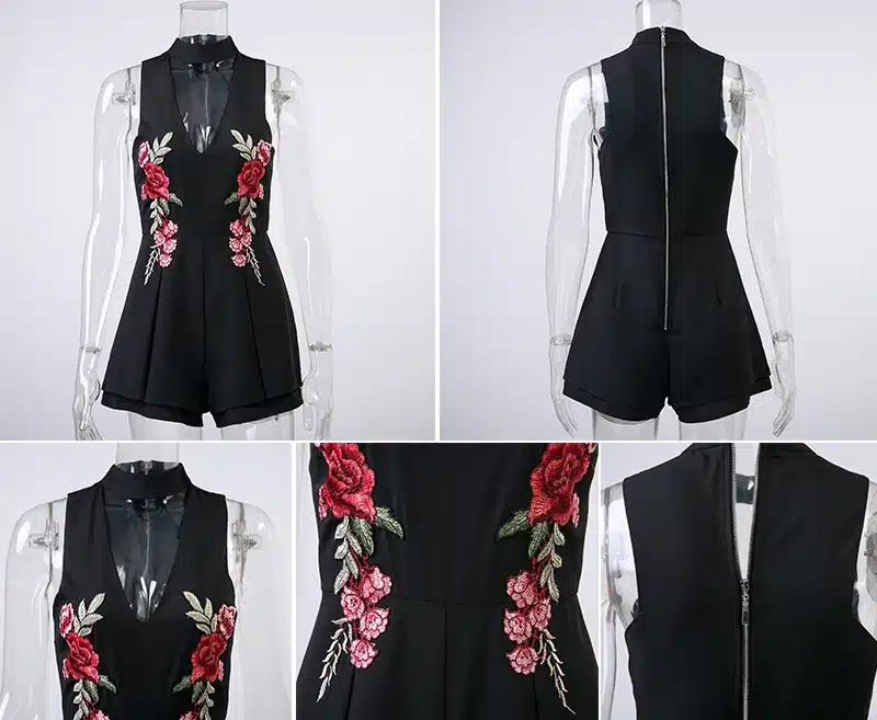 2016 Autumn Elegant V Neck Rose Florla Embroidery Women Playsuits Sleeveless White Winter Rompers Jumpsuits Casual Beach Overall 26