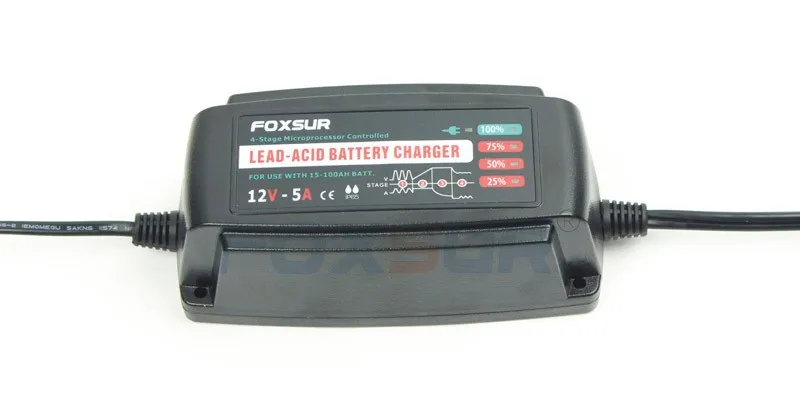 FOXSUR 12V 5A Automatic Smart Battery Charger, Maintainer & Desulfator for Lead Acid Batteries, Car Battery Charger 100-240V In 15