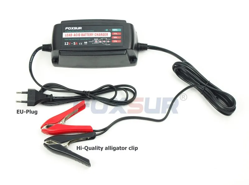 FOXSUR 12V 5A Automatic Smart Battery Charger, Maintainer & Desulfator for Lead Acid Batteries, Car Battery Charger 100-240V In 18