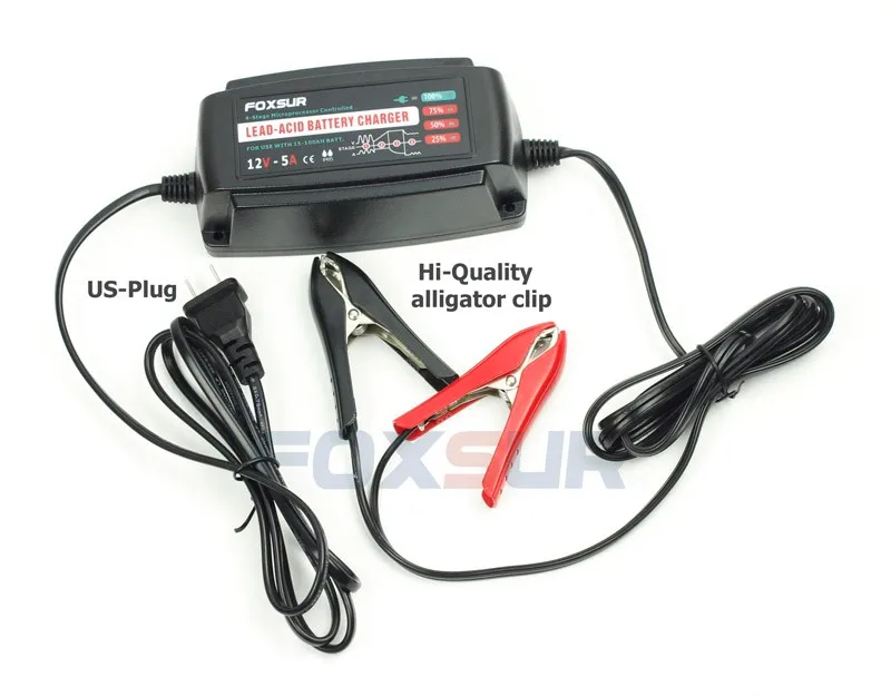 FOXSUR 12V 5A Automatic Smart Battery Charger, Maintainer & Desulfator for Lead Acid Batteries, Car Battery Charger 100-240V In 19